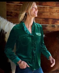 NEW Sundance Catalog Gretel Soft Velvet Shirt Ruffle Pocket Emerald Green Top M - Picture 1 of 5