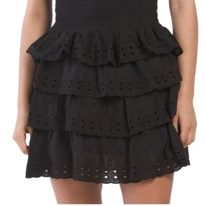 Nueva minifalda House of Harlow talla L negra de algodón con ojales y volantes - Imagen 1 de 4