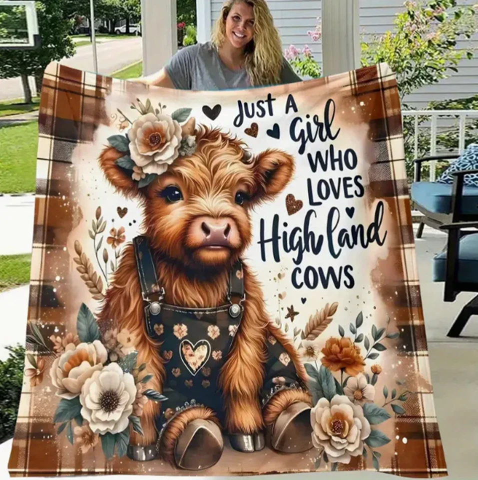 Bohemian Highland Cow Flannel Blanket - Floral & Heart Print Flannel Blanket - Image 1 of 4