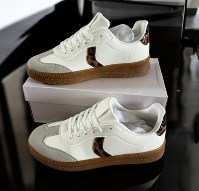 Women’s Casual Trainers White Leopard Stripe Retro Sneakers Flat Gum Sole Pumps - Image 1 of 4