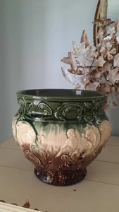 Antique Victorian Jardiniere Planter Green Brown Majolica Styled Large 9.5"w - Picture 1 of 12