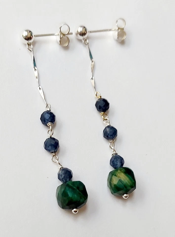 Orecchini in argento 925 pietre occhio di tigre e zaffiro idea regalo per Natale - Immagine 1 di 4