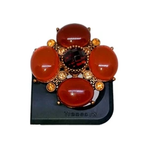 VTG GoldTone Amber Tone Lucite Jelly Belly Crystals Ornate Pendant Pin Brooch - Picture 1 of 2