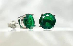EMERALD GREEN BRILLIANT CUT LAB CREATED EMERALD STERLING SILVER STUD EARRINGS - Picture 1 of 9