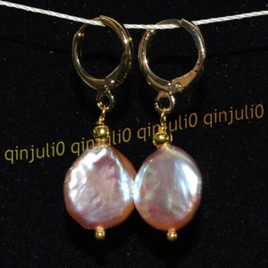 Natural 12-13mm Pink Purple Coin Button Freshwater Pearl Dangle Gold Earrings AA - Picture 1 of 3