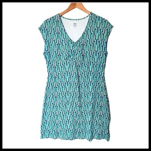 Title Nine gewagtes Kleid V-Ausschnitt sportlich L Large grün blau geometrisches Muster - Bild 1 von 13