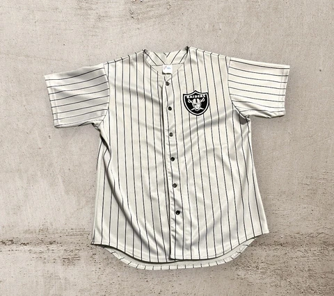 Vintage Oakland Raiders Majestic Pinstripe Baseball Jersey Large 90s NFL Mens L Cover