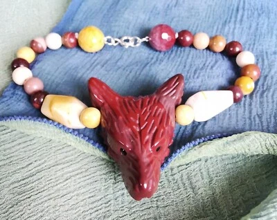 Mookaite Jasper Wolves head beaded bracelet 925 Silver clasp - Pagan Spiritual - Image 1 of 4