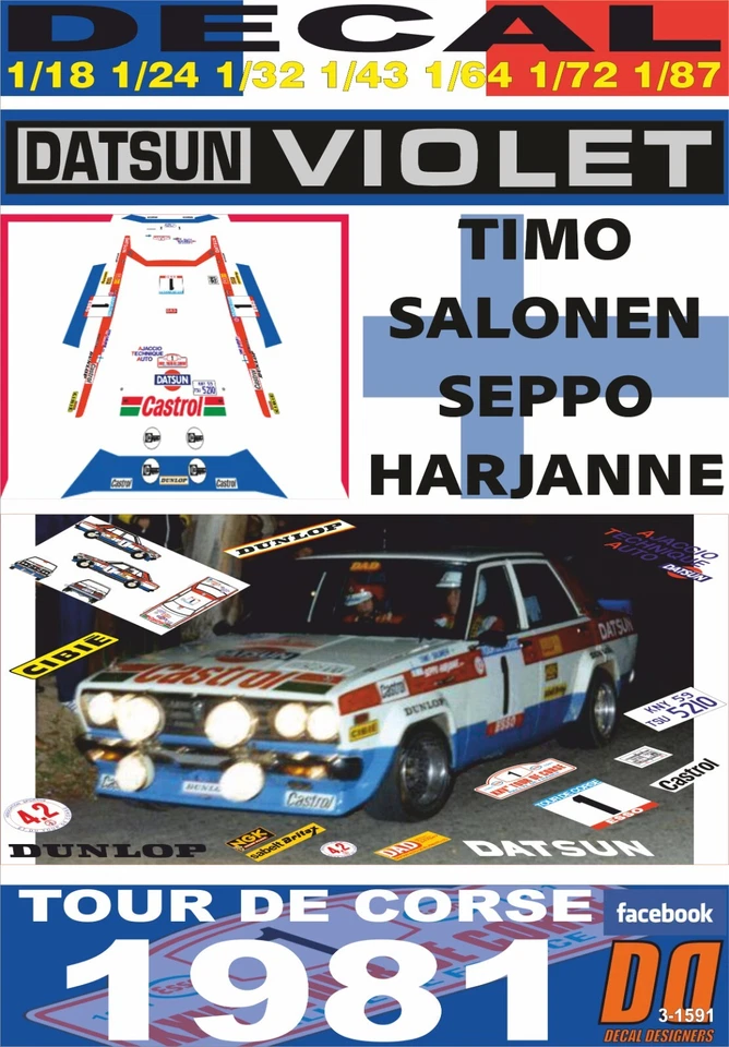 DECAL DATSUN VIOLET 160J T.SALONEN TOUR DE CORSE 1981 DnF (08) - Image 1 of 1