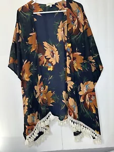 Umgee USA Floral Kimono Wrap Jacket Navy Blue Mix Plus XL/1XL - Picture 1 of 8