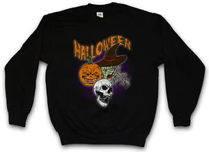 HALLOWEEN FACES SWEATSHIRT PULLOVER Witch Moon Halloween Pumpkin Death Dead - Picture 1 of 1