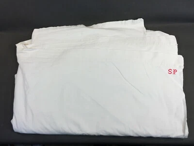 Ancien drap en coton ou fil de coton brodé blanc monogramme SP vintage - Photo 1/4