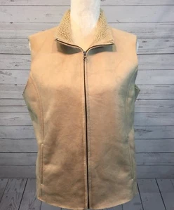 Lands End Womens Vest Beige Size M 10-12 Faux Suede Sleeveless Sherpa Lined - Picture 1 of 10