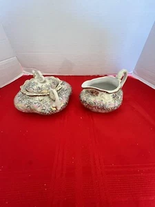 Vintage/Nippon/ Handpainted Moriage creamer/sugar /lid set/mint/pinks - Picture 1 of 16