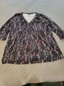 Ellos NIP size 1X (22/24) Pullover Top Floral Half Sleeve Pleating at Front Neck - Picture 1 of 6