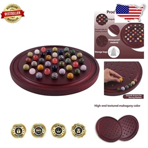 Classic Solitaire Board Game: Large Wooden Board & 36 Natural Stone Marbles - Picture 1 of 8