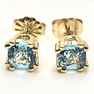 14 Karat massive Gelbgold Princess Cut Blautopas Ohrstecker signiert, 1,4 g - Bild 1 von 10