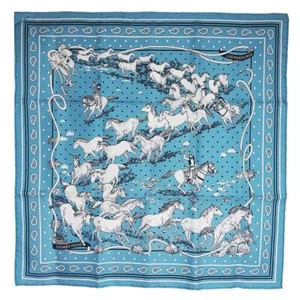 HERMES Carré 55 Bandana Les Mustangs Bandana Bufanda Menthe Azul Gris Blanco Negro - Imagen 1 de 8