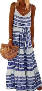 Women Boho Striped Spaghetti Strap Beach Maxi Dress Ruffle Pleated Flowy Long - Picture 1 of 12
