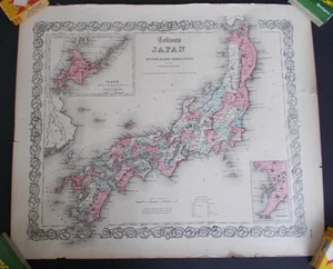 Vintage Map of Japan H. J. Colton #113 Back Empire of Japan History Hand Painted - Picture 1 of 9