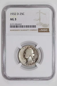 1932-D WASHINGTON QUARTER NGC AG3 - Picture 1 of 2