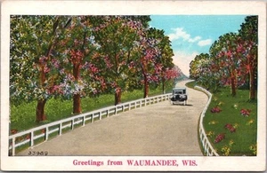 Postal de saludos vintage de WAUMANDEE, Wisconsin escena de carretera/coche de 1920 - Imagen 1 de 2