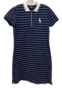 Ralph Lauren Sport Damen Hemdblusenkleid Large blau gestreift Reißverschluss vorne Kurzarm - Bild 1 von 11