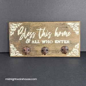 Bless This Home Rustic Handmade Sign w/ Key Hat Leash Holder Entryway Wall Decor - Picture 1 of 1