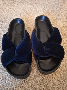 Chloe Nolan Crisscross Twisted Velvet Slides Flat Mule Sandals Blue Lagoon 37 - Picture 1 of 5