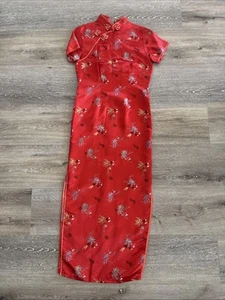 Vintage Peony Red Cheongsam Rayon Dress with Side Slit Size 36 Broken Zipper - Picture 1 of 7