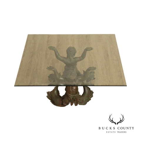 Italian Neoclassical Putti Di Mare Bronze Glass Cocktail Table Cover