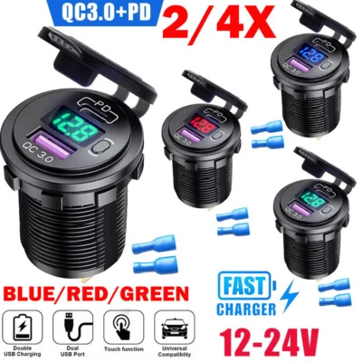 2/4x 12V QC3.0+PD Doble USB Coche Cargador Rápido Enchufe Adaptadores LED Voltímetro EE. UU. Foto 1 de 4