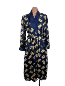 Kathryn Vintage | Robe Long Floral Blue Satin Shiny Pockets Belt- Size Medium - Picture 1 of 8