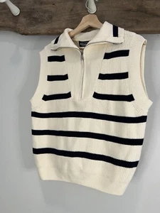 NWT Oliver O. Anthropologie Size L White Stripe Blue Cable Sweater Vest 1/4 Zip - Picture 1 of 2