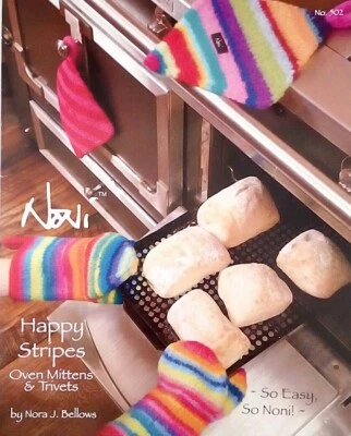 NONI HAPPY STRIPES Knitting Pattern Felted Trivets Oven Mittens 3 size 2008 #502 - Image 1 of 4