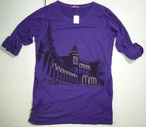 *NWT* A-GIRL WOMENS LADIES PURPLE GRAPHIC RHINESTONED TOP SIZE LARGE E217 - Picture 1 of 3