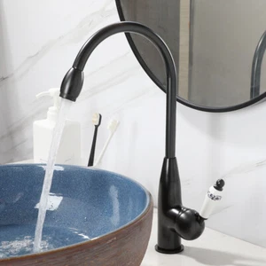 Grifo mezclador de lavabo giratorio arco grifo fregadero baño negro frotado con aceite mango único - Imagen 1 de 12