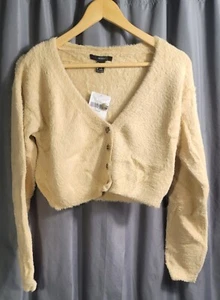 Forever 21 Cardigan Womens L Beige Cropped Button Up Fuzzy Faux Mohair Sweater - Picture 1 of 7
