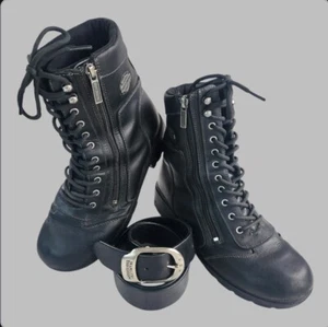 Harley-Davidson LOT: Tessa Side-Zip Boots Sz 10 & Belt Sz 34 USA Black Leather - Picture 1 of 16