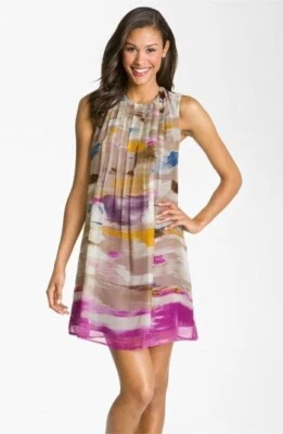 Vestido recto sin mangas Calvin Klein Stitch plisado aceite pastel seda gasa talla 6 Foto 1 de 4