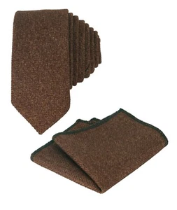 Mens Boys Wedding Herringbone Tweed Cinnamon Brown Slim Tie & Pocket Square - Picture 1 of 6