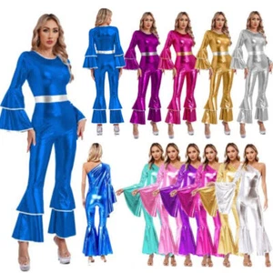 Women's 70s Disco Costumes Metallic Shiny Retro Jumpsuits Tiered Flare AU - Picture 1 of 105