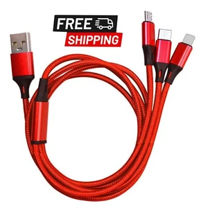 1.2M Multi Head USB Charger 3 in 1 fast Charging Cable for Most Devices - Red - Picture 1 of 10