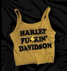Large vintage Style Harley Fu**in Davidson Print Yellow Ribbed Cropped Tank Top - Picture 1 of 2