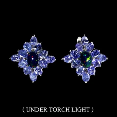 Ювелирные изделия серьги серебро 925 пробы овальный черный опал 7x5 мм танзанит драгоценные камни - Изображение 1 из 4