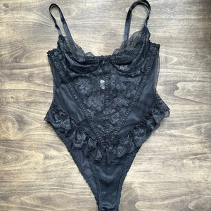 Vtg 80's Emil Bole Large Bodysuit Teddy Lingerie Black Ruffles Lace Trim Hi Cut - Picture 1 of 9