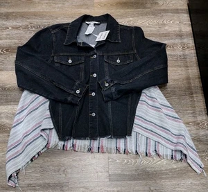 NWT Davi & Dani Jean & Fringe Jacket Small Blue with Striped Contrast Cute Chic - Picture 1 of 9
