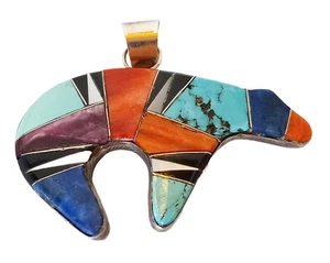 Vtg Sterling Native American Zuni Inlay Bear Pendant Turq Coral Lapis Signed DL - Picture 1 of 4