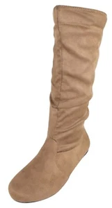 Forever Women Flat Heel Slouchy Mid-Calf Boots Side Zipper SELENA-23 Beige Suede - Picture 1 of 4