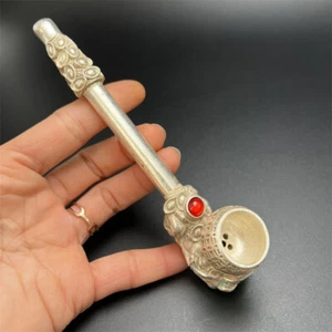 Tibetan Silver Smoking Rod Pipe Men's Pixiu Inlaid Gemstone Pipe - Picture 1 of 6
